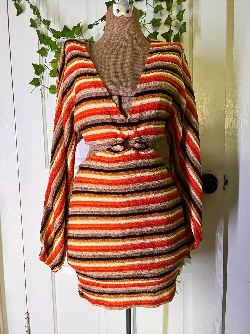 12th Tribe Striped V-Neck Mini Dress in Orange and Brown